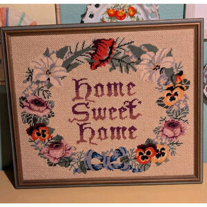 Vintage 70's Needlepoint Embroidery Framed Home Sweet Home Large Granniecore Vtg